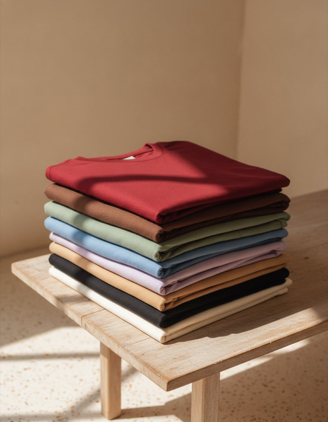 Pila de camisetas oversize dobladas en varios colores sobre un banco de madera