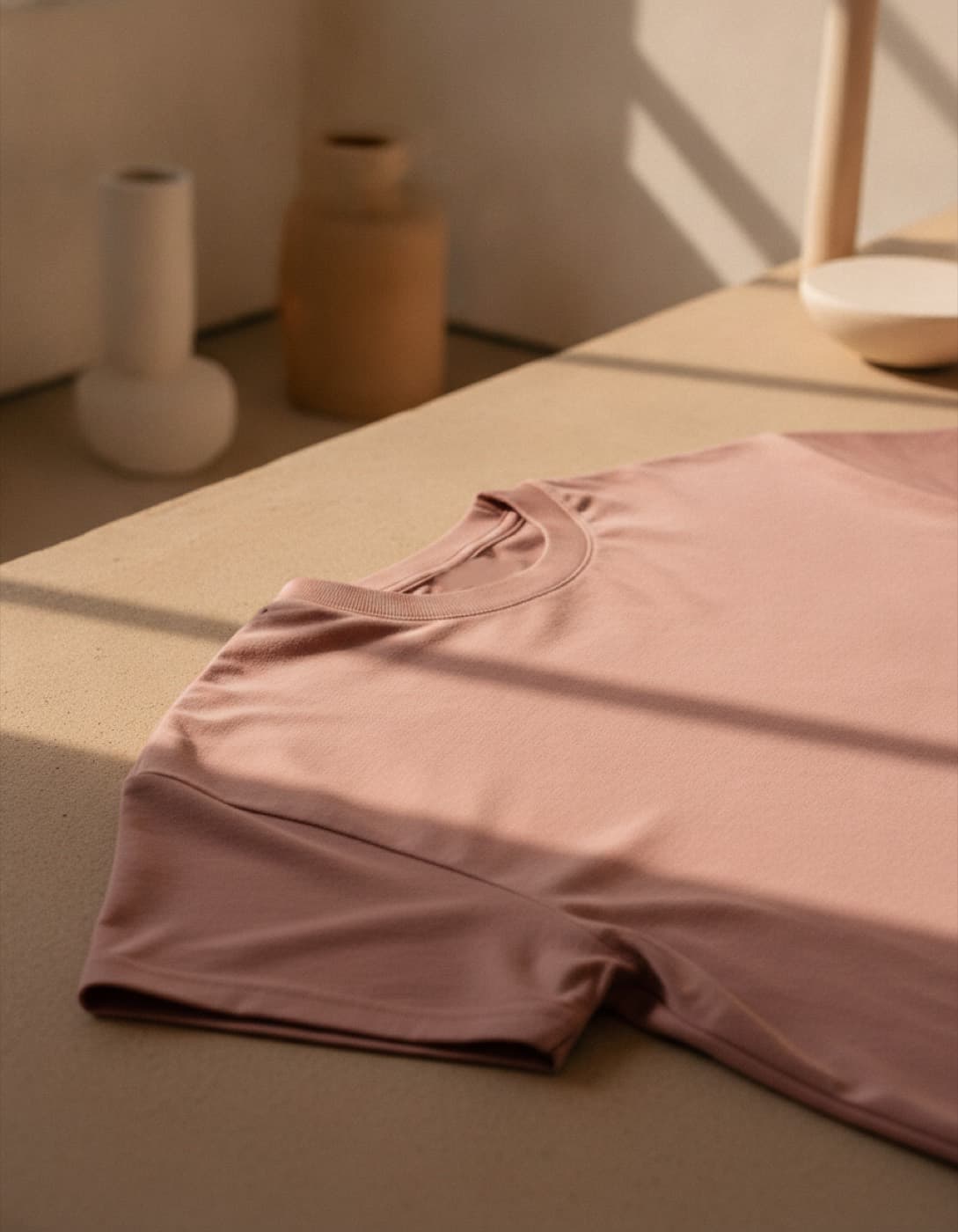 Primer plano del cuello y el hombro de una camiseta palo de rosa