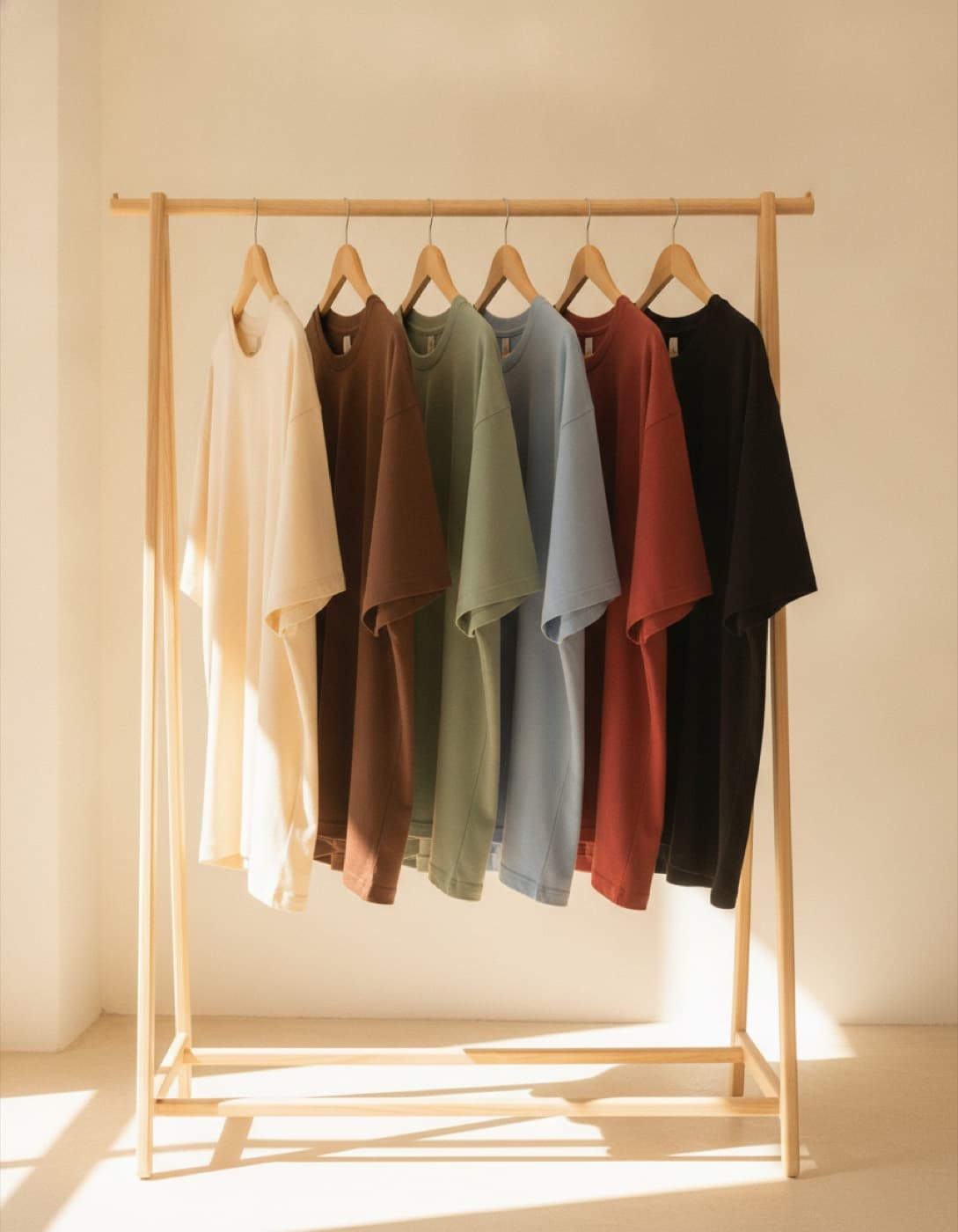 Seis camisetas oversize del mismo modelo colgadas en un perchero, cada una de un color