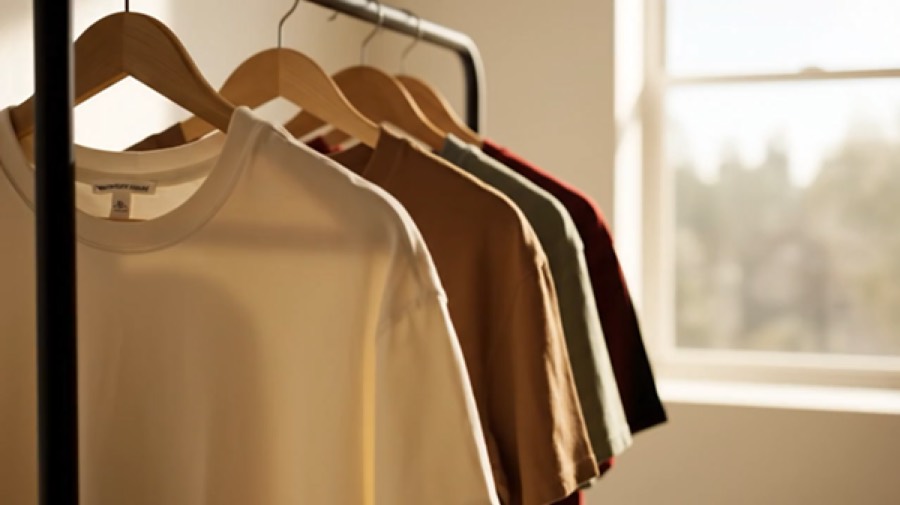Un perchero con camisetas oversize del mismo modelo en siete colores